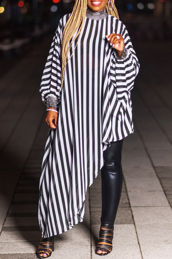 Black Fashion Casual Daily Striped Patchwork Sequined Half A Turtleneck Tops