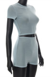 Blue Fashion Casual Solid Hollowed Out See-through O Neck Short Sleeve Two Pieces