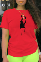 Red Fashion Street Print Patchwork O Neck T-Shirts