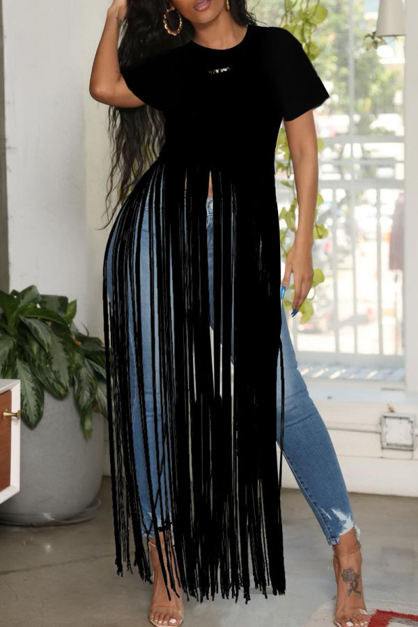 Black Casual Street Solid Tassel Patchwork O Neck T-Shirts
