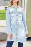 Light Blue Fashion Casual Solid Ripped Backless Turndown Collar Plus Size Overcoat
