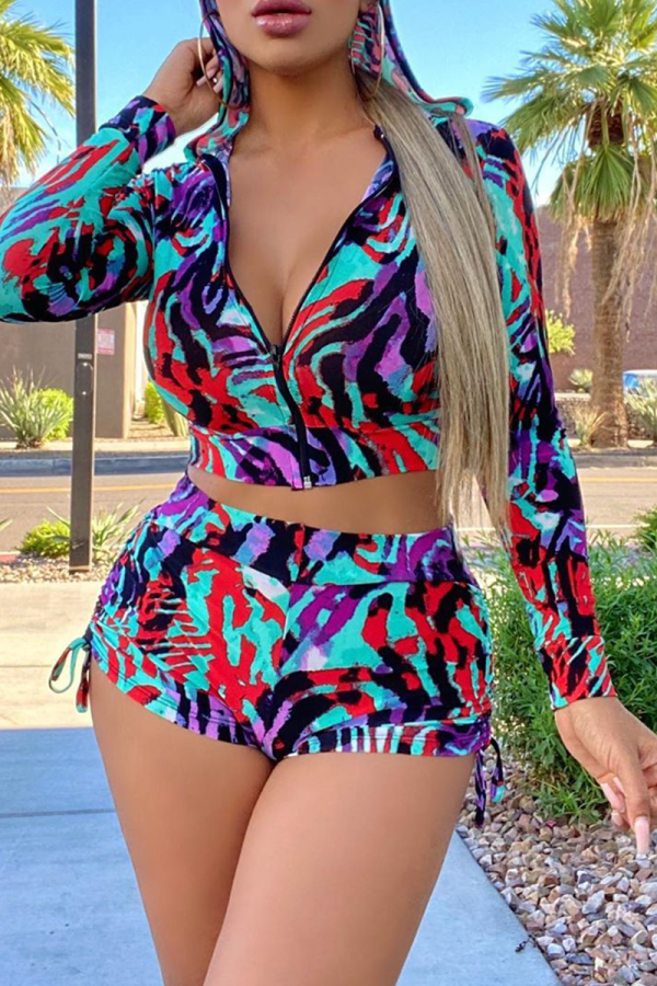 Red Sexy Print Patchwork Hooded Collar Long Sleeve Two Pieces