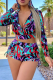 Red Sexy Print Patchwork Hooded Collar Long Sleeve Two Pieces