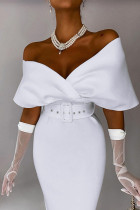 White Elegant Solid Split Joint With Belt V Neck One Step Skirt Dresses