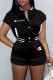 Black Fashion Casual Letter Patchwork Mandarin Collar Short Sleeve Two Pieces
