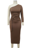 Coffee Fashion Casual Solid With Belt Asymmetrical Oblique Collar Long Sleeve Dresses