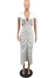 White Fashion Solid Hollowed Out Slit V Neck Pencil Skirt Dresses