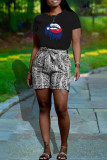 Rose Red Fashion Casual Print Basic O Neck Short Sleeve Two Pieces