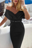 Black Elegant Solid Patchwork With Belt V Neck One Step Skirt Dresses