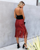 Red Spandex Elastic Fly Mid Solid Patchwork Hip skirt Capris Skirts