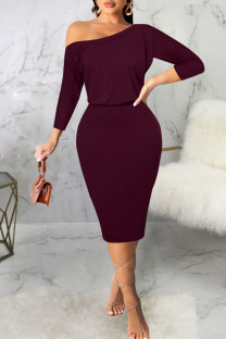 Burgundy Casual Solid Split Joint Off the Shoulder One Step Skirt Dresses