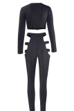 Black Fashion Sexy Solid Hollowed Out O Neck Long Sleeve Two Pieces