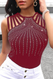 Red Sexy Casual Patchwork Hot Drilling Hollowed Out O Neck Tops