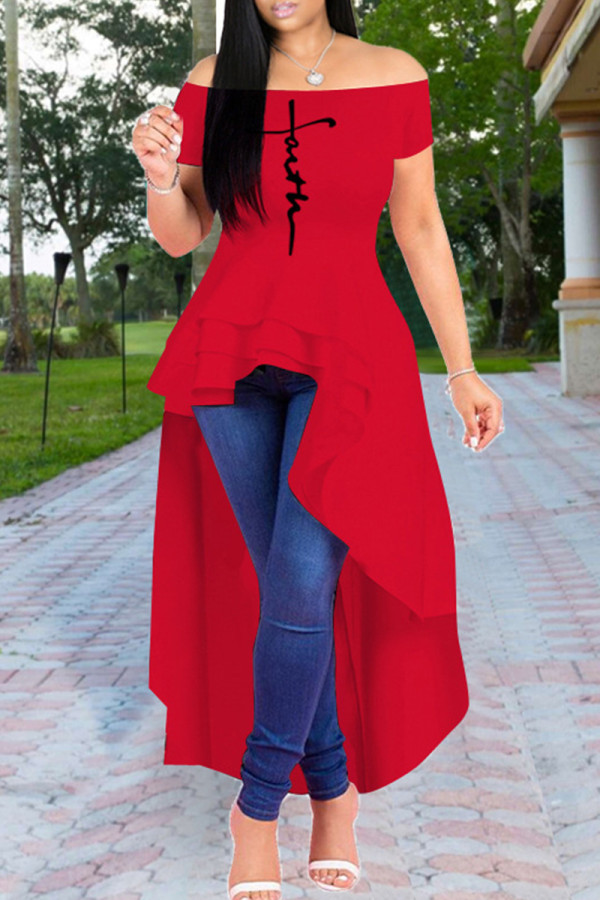 Red Fashion Casual Print Off the Shoulder Short Sleeve Irregular Dress
