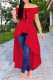Red Fashion Casual Print Off the Shoulder Short Sleeve Irregular Dress