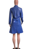 Blue Casual Solid Patchwork Pocket Buckle Mandarin Collar A Line Dresses