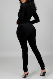 Black Fashion Casual Solid Split Joint Zipper Collar Skinny Jumpsuits