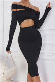 Cream White Fashion Sexy Solid Hollowed Out Off the Shoulder Long Sleeve Dresses