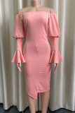 Rose Pink Casual Solid Split Joint Off the Shoulder Irregular Dress Dresses