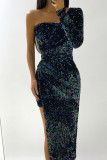 Colour Sexy Solid Sequins Patchwork Asymmetrical Asymmetrical Collar Dresses