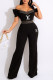 Black Fashion Street Print Patchwork Off the Shoulder Jumpsuits