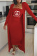 Red Fashion Casual Letter Patchwork Strapless Long Sleeve Two Pieces