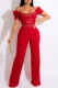 Red Fashion Street Print Patchwork Off the Shoulder Jumpsuits