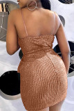 Red Fashion Sexy Patchwork Sequins Backless V Neck Sling Dress Dresses