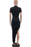 Red Sexy Solid Hollowed Out Patchwork Fold Asymmetrical O Neck Dresses