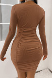 Brown Sexy Solid Patchwork Fold V Neck One Step Skirt Dresses