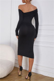 Cream White Fashion Sexy Solid Hollowed Out Off the Shoulder Long Sleeve Dresses