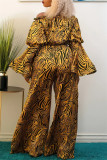 Yellow Fashion Casual Print Split Joint Off the Shoulder Long Sleeve Two Pieces