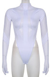 White Sexy Solid Patchwork See-through Mesh O Neck Skinny Bodysuits