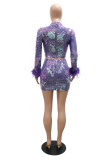 Purple Fashion Sexy Patchwork Sequins Asymmetrical Turtleneck Long Sleeve Two Pieces