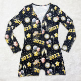 Black Casual Print Without Belt V Neck Regular Rompers