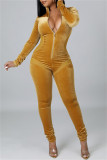 Yellow Fashion Casual Solid Split Joint Zipper Collar Skinny Jumpsuits