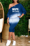 Blue Fashion Casual Letter Print Basic Oblique Collar Long Sleeve Two Pieces