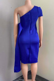 Light Blue Casual Elegant Solid Split Joint With Bow Oblique Collar Dresses