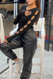 Black Fashion Casual Solid Hollowed Out O Neck Tops