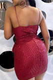 Red Fashion Sexy Patchwork Sequins Backless V Neck Sling Dress Dresses