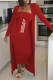 Red Fashion Casual Letter Patchwork Strapless Long Sleeve Two Pieces