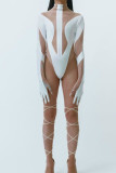 White Sexy Solid Patchwork See-through Mesh O Neck Skinny Bodysuits