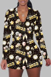 Black Casual Print Without Belt V Neck Regular Rompers