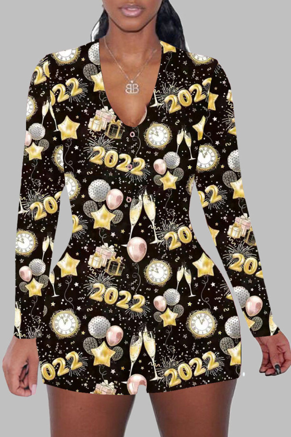 Black Casual Print Without Belt V Neck Regular Rompers