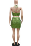 Green Sexy Solid Sequins Patchwork Halter Sleeveless Two Pieces