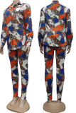Multi-color Sexy Print Split Joint Turndown Collar Long Sleeve Two Pieces