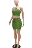Green Sexy Solid Sequins Patchwork Halter Sleeveless Two Pieces