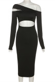 Cream White Fashion Sexy Solid Hollowed Out Off the Shoulder Long Sleeve Dresses