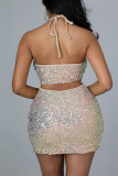 Green Sexy Solid Sequins Patchwork Halter Sleeveless Two Pieces