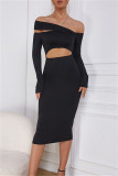 Cream White Fashion Sexy Solid Hollowed Out Off the Shoulder Long Sleeve Dresses